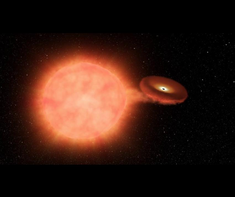 Uma pequena estrela suga material de uma estrela muito maior.