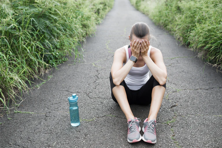 A disappointed woman wearing workout clothes sits on the ground with her hands on her head.