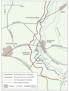 Map showing the British (west) and German (east) respective trench lines on 1st July 1916 at Beaumont Hamel. Modified from Wisniewski et al. (2024).