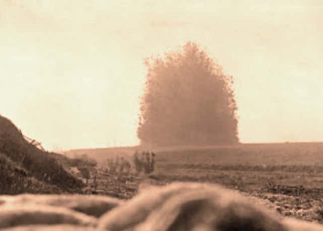 Still image of the Hawthorne Ridge mine detonation, July 1 1916.