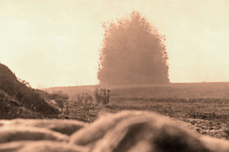 Still image of the Hawthorne Ridge mine detonation, July 1 1916.