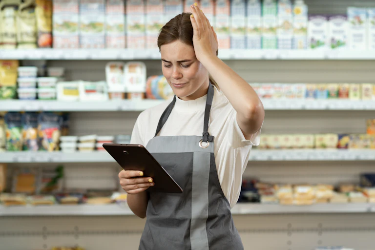 Woman working in supermarket stressed