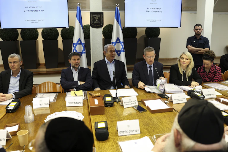Israeli prime minister Benjamin Netanyahu with his cabinet colleagues Jan 7 2024.