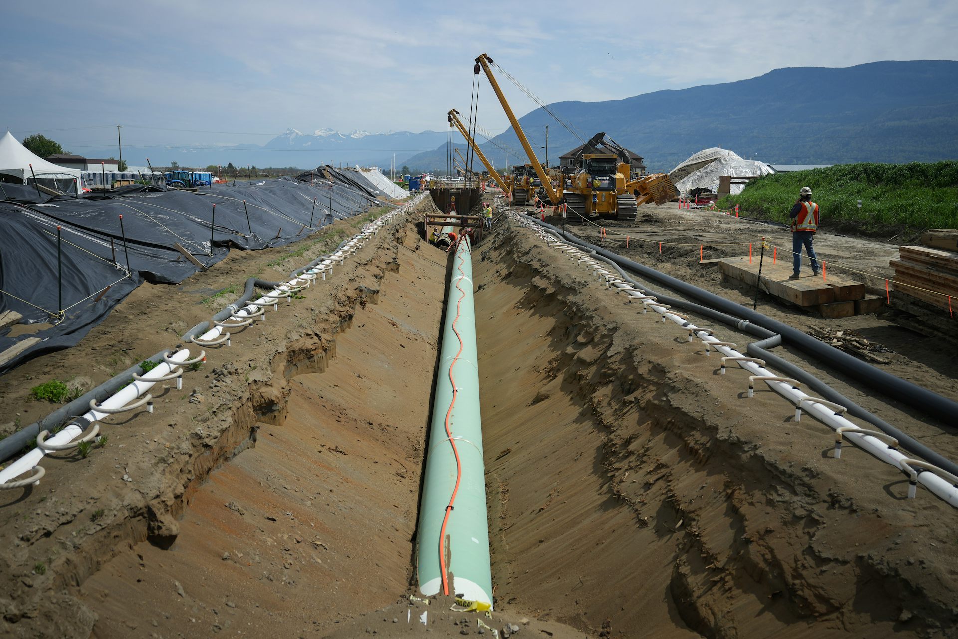 Workers lay pipe in a long trench.