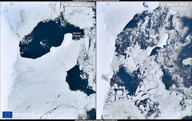An ice shelf before (left) and after (right) a collapse.