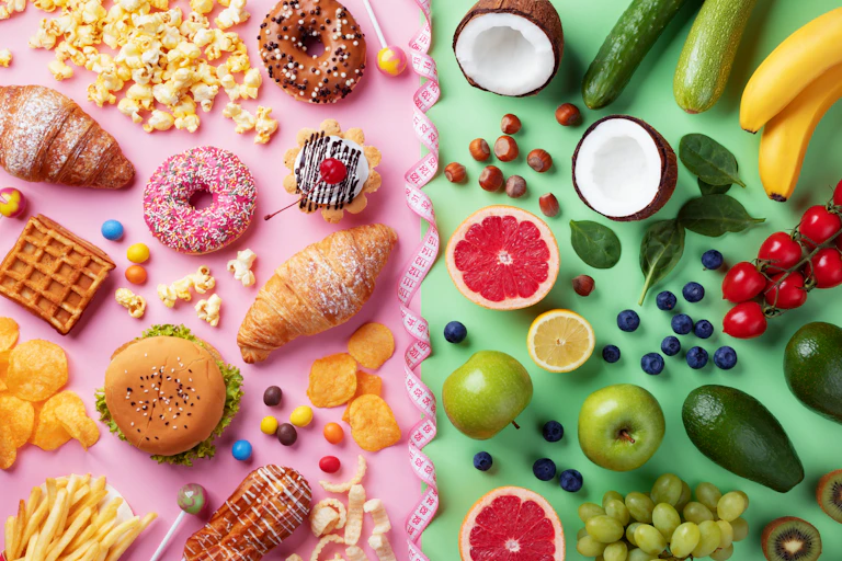 An assortment of ultra-processed foods on one half of the picture and healthy fruits and vegetables on the other side.