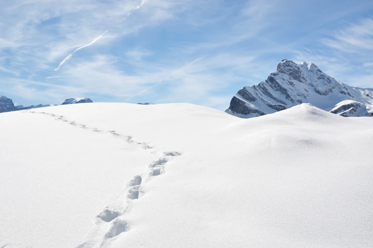 Huellas en la nieve en la montaña.