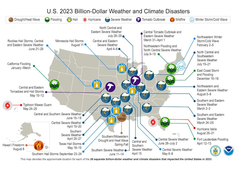A map shows where disasters that did more than $1 billion in damage hit the United States.