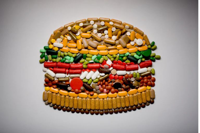 Assortment of colorful pills arranged in the shape of a hamburger