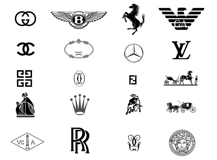 The logos of various luxury brands.