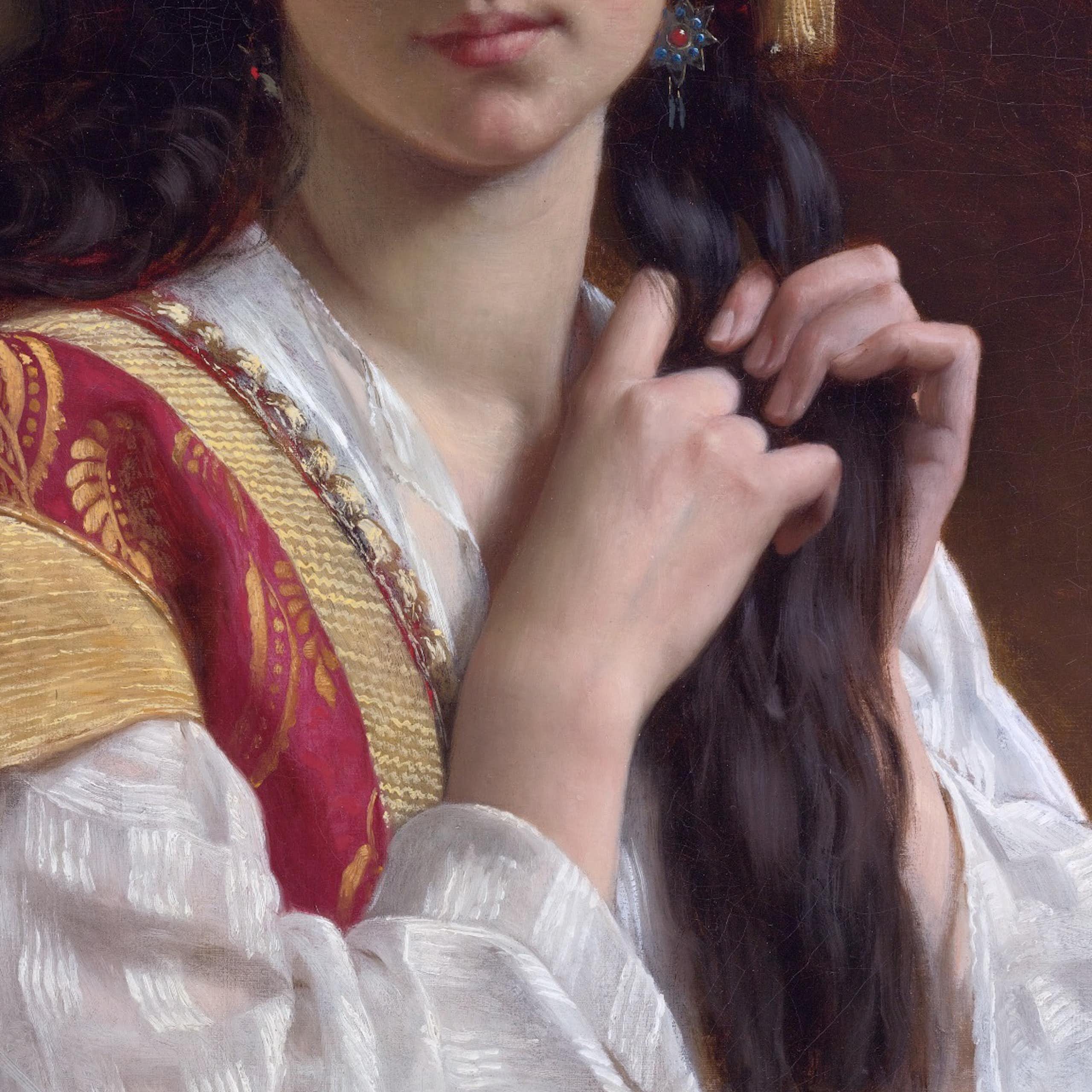 Peinture d'une femme aux cheveux longs tressant ses cheveux avec ses mains.
