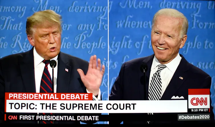 Headshots of Joe Biden and Donald Trump during a presidential debate.