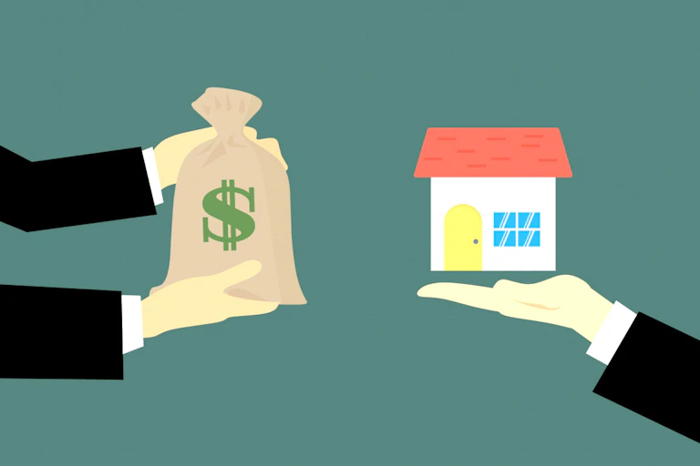 Illustration d'un échange entre une maison et un sac de billets