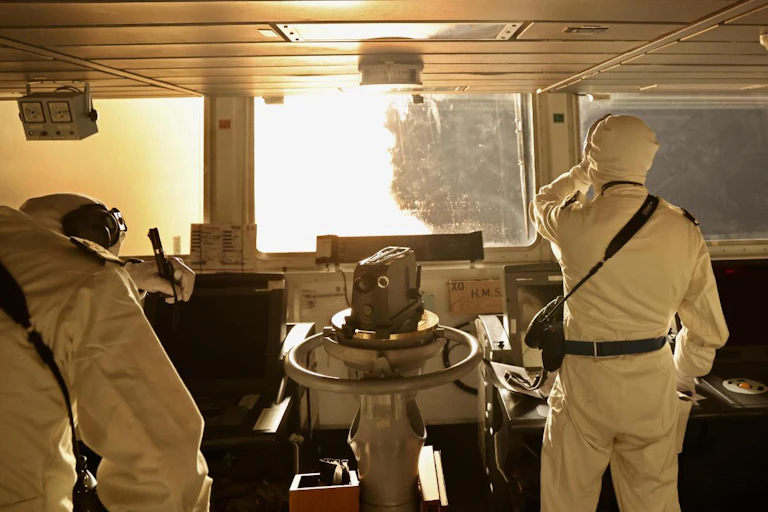 UK naval officers on the bridge of a ship, January 2024.