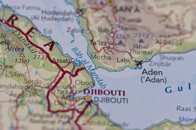 Map of the top of the Red Sea region with Bab al Mandab Strait in focus, December 3, 2023.