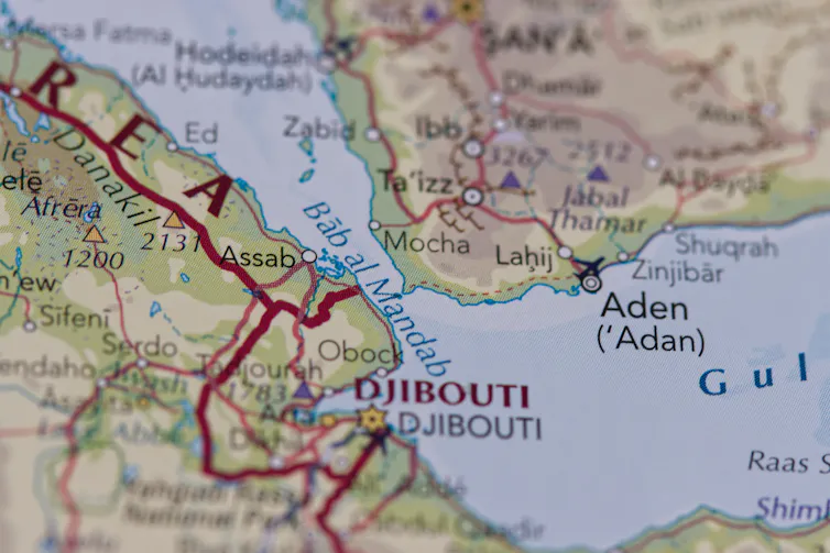 Map of the top of the Red Sea region with Bab al Mandab Strait in focus, December 3, 2023.