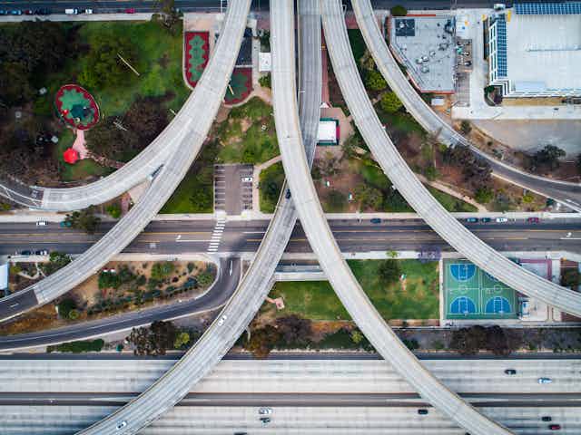 A drone view of a highway junction.