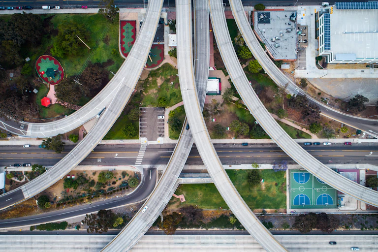 A drone view of a highway junction.