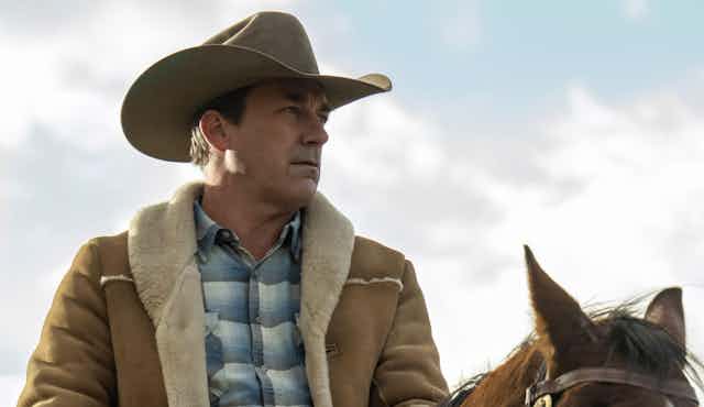 Jon Hamm as Roy Tillman in Fargo sat on a horse. 