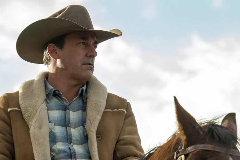 Jon Hamm as Roy Tillman in Fargo sat on a horse.