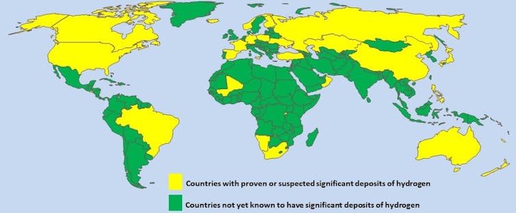 A world map showing the distribution of natural hydrogen deposits.