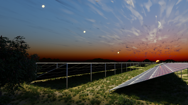 Solar farm at night illuminated by reflectors in the sky