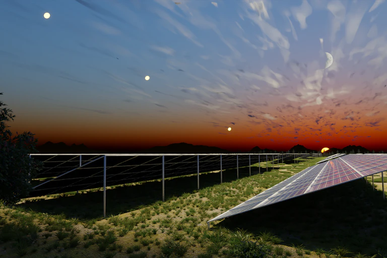 Solar farm at night illuminated by reflectors in the sky