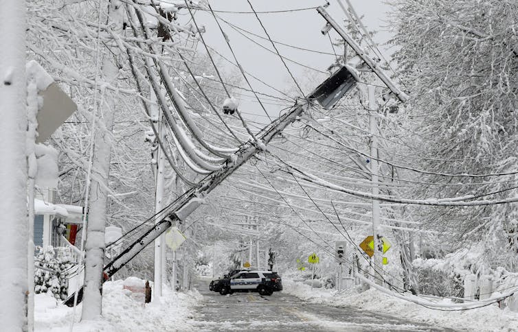 A police car blocks a road where an ice-covered powerline has fallen.
