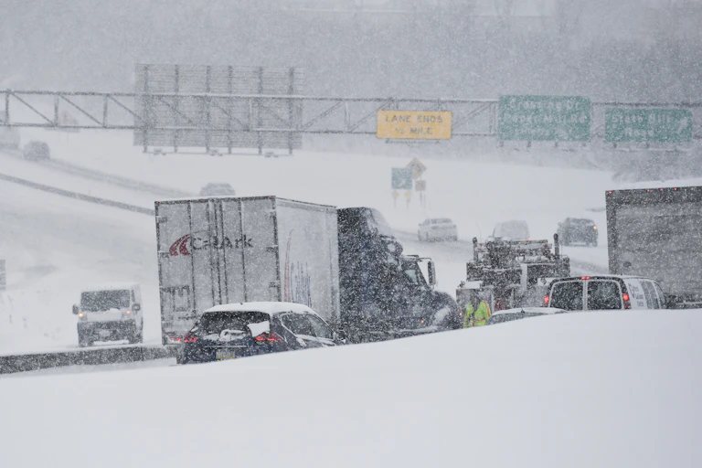 Trucks and other vehicles are backed up on a highway in the snow.