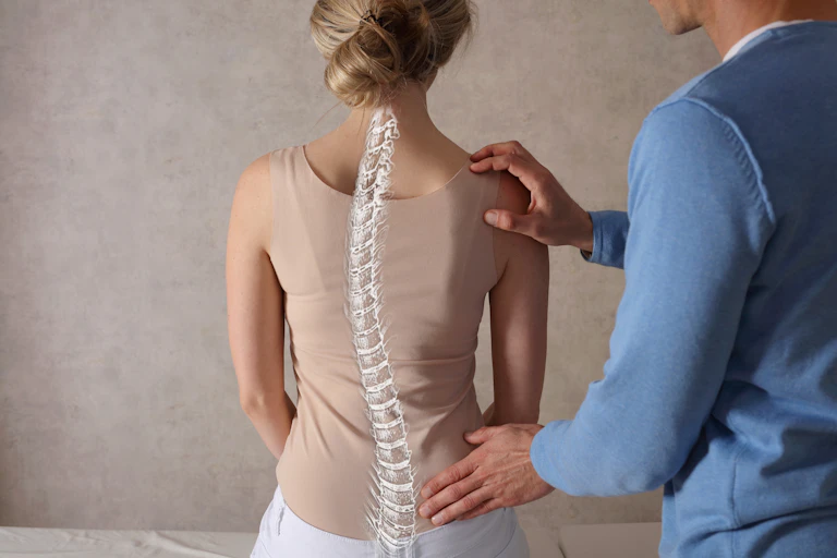 A woman with Scoliosis is examined by a doctor wearing a blue jacket.