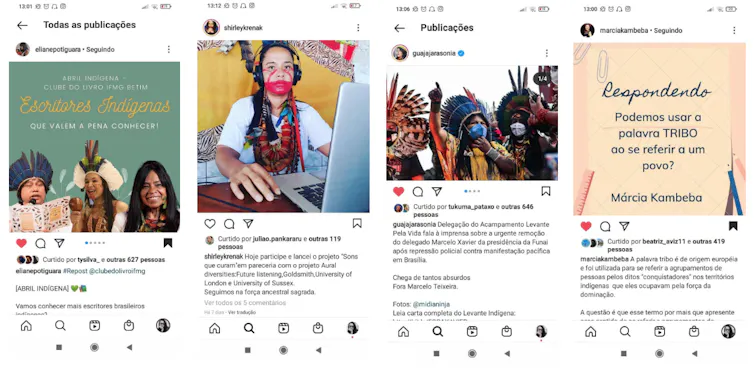 Prints de perfis públicos de mulheres indígenas do Instagram: Eliara Potiguara, Shirley Krenak, Sonia Guajajara e Marcia Kambeba