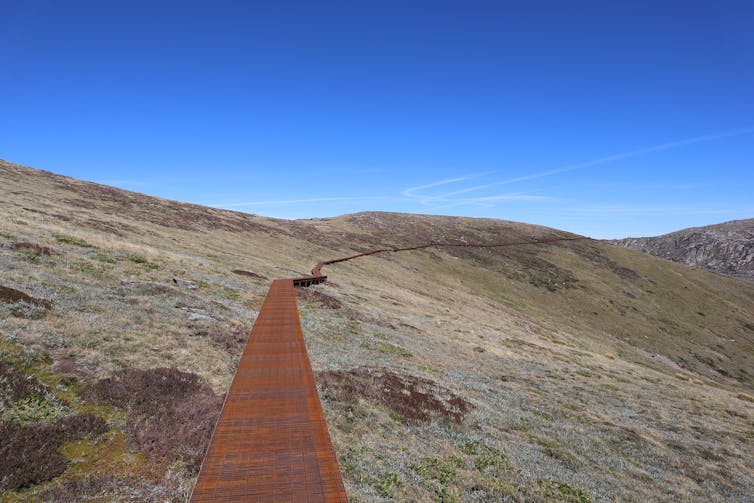 a steel boardwalk in mountain landscape