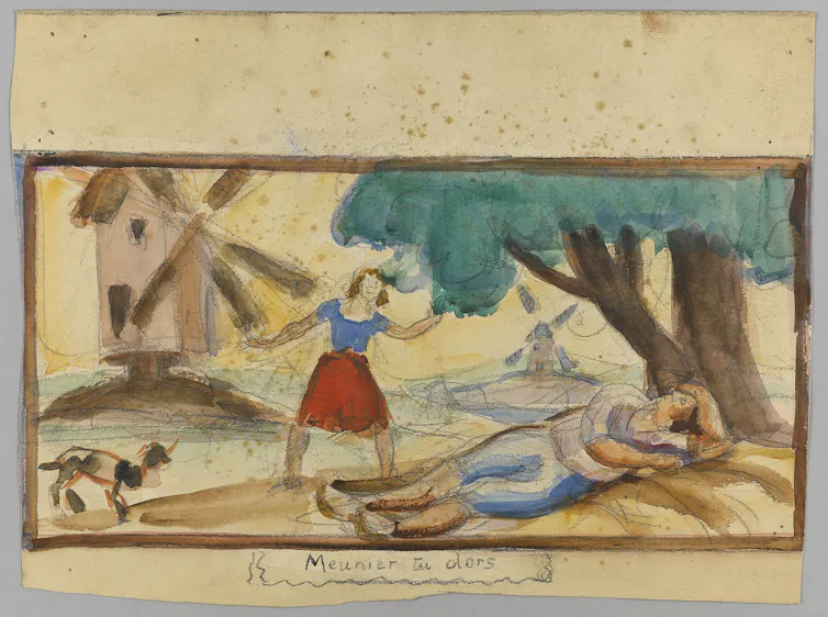 Esquisses pour l’école maternelle de la rue Romainville, XIX<sup>e</sup> arrondissement de Paris" source=“Jules Emile Zingg (Petit Palais, musée des Beaux-Arts de la Ville de Paris)” caption=“« Meunier, tu dors », esquisses pour l’école maternelle de la rue Romainville, XIXᵉ arrondissement de Paris.”/></p>
<p>Les folkloristes de la fin du XIX<sup>e</sup> siècle, puis les anthropologues au XX<sup>e</sup> siècle, donneront aux comptines, rondes et jeux de l’enfance, leurs lettres de noblesse. Au point où des recommandations officielles publiées en 1980 indiquent : « l’école maternelle en est devenue l’un des seuls “conservatoires” et c’est à elle que revient la transmission de ce patrimoine culturel ».</p>
<p>Parler de « transmission » ne veut pas dire que ce qui est enseigné reste immuable. Bien au contraire, ce « patrimoine culturel » s’enrichit des créations du XX<sup>e</sup> siècle, dont le nom des auteurs s’effacent vite, ou de ses traductions contemporaines, comme ce « 1, 2, 3, nous irons au bois », devenu à l’occasion de Noël « 1, 2, 3, dans sa hotte en bois ».</p>
<p>Ces « traditions enfantines » se révèlent particulièrement plastiques, remises souvent au goût du jour ou encore retravaillées pour répondre à la visée de tel ou tel apprentissage scolaire. C’est sans doute ce qui fait aussi perdurer leur « transmission », par delà les changements fréquents des programmes depuis les années 1980, outre aujourd’hui leur diffusion sur Internet qui les met à la portée de tous.</p>
<tc-read-more id=