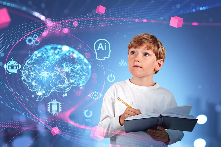 Un élève écrivant dans un cahier sur un arrière-plan de réalité virtuelle