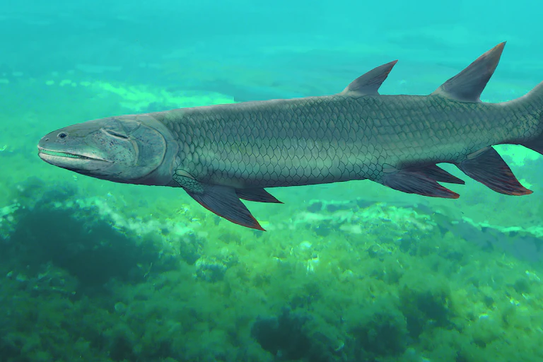 Illustration of a blue-grey fish in turquoise waters