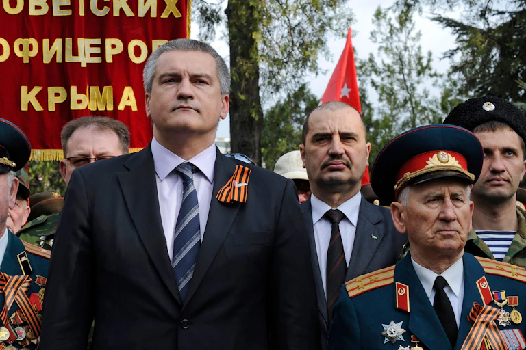 The head of Crimea's Russian-backed government Sergey Aksyonov, at a military ceremony.