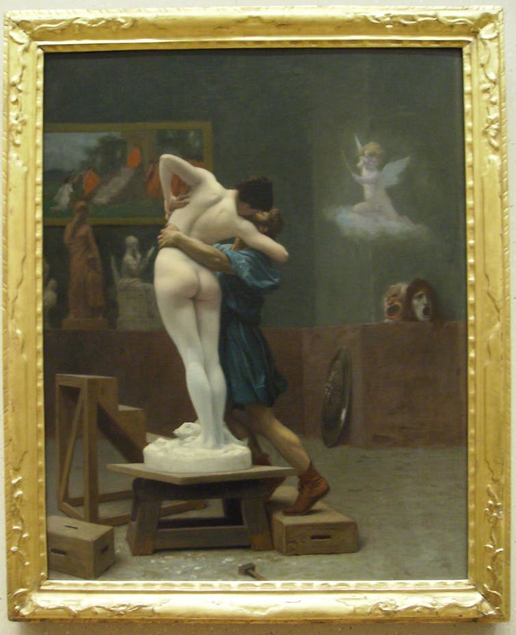 A painting of a man embracing a nude female figure whose bottom half is a marble statue and upper half is a woman