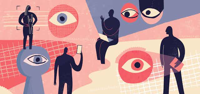 a stylized graphical image of four figures and five oversized eyes