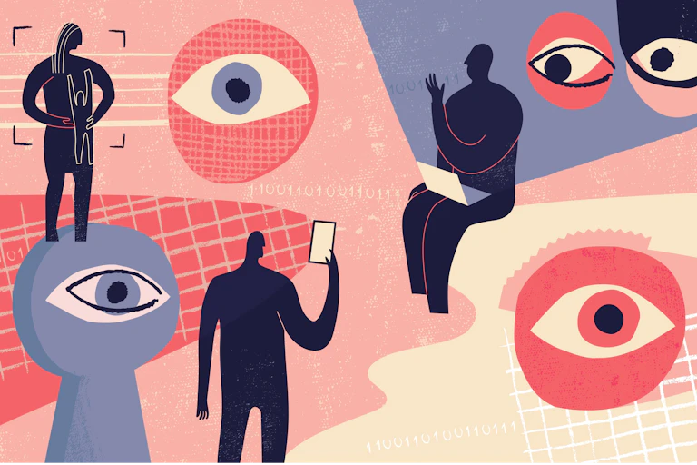 a stylized graphical image of four figures and five oversized eyes