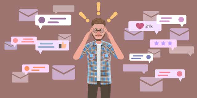 An illustration of a perplexed man surrounded by conflicting and sensationalized social media messages.
