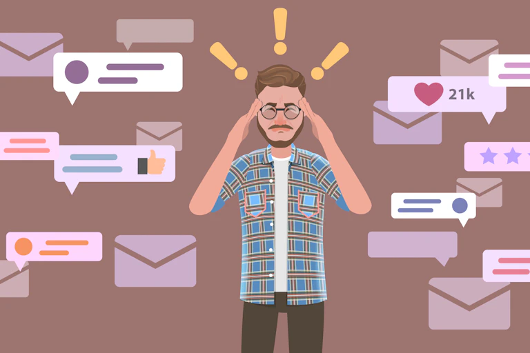 An illustration of a perplexed man surrounded by conflicting and sensationalized social media messages.