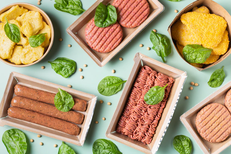 Flatlay shot of six plant-based processed food products eg vegan burgers, sausages on pale green background, green salad leaves scattered over the top.