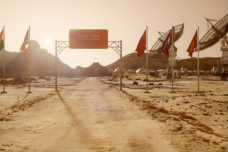A wide-angle shot of a Martian city.
