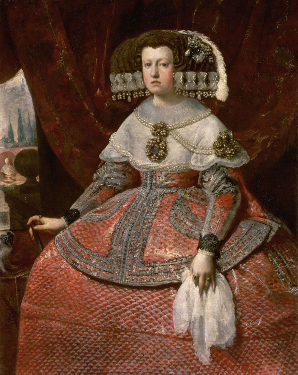 Retrato de una mujer que posa con un vestido abultado y un peinado también abultado.
