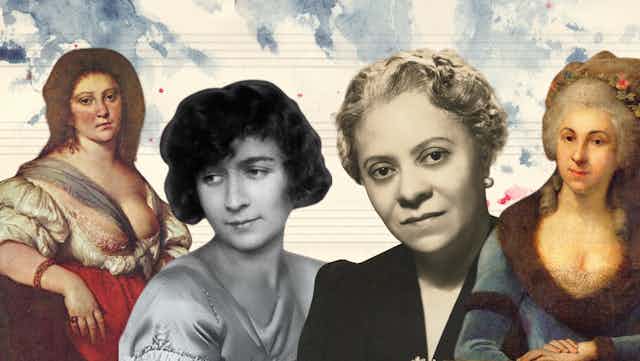 four of the female composers on a background of blank sheet music paper