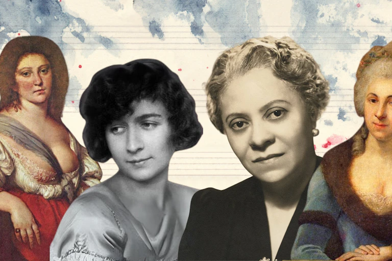 four of the female composers on a background of blank sheet music paper