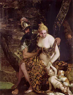 Cuadro que representa a un hombre llevándose a una mujer desnuda a la que agarra un niño.