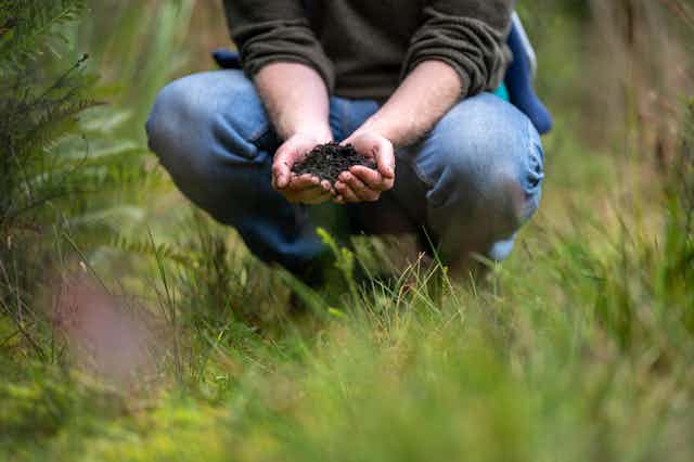 man crouches in grass holding soil