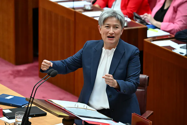 A woman delivers a speech in the senate behind a lectern