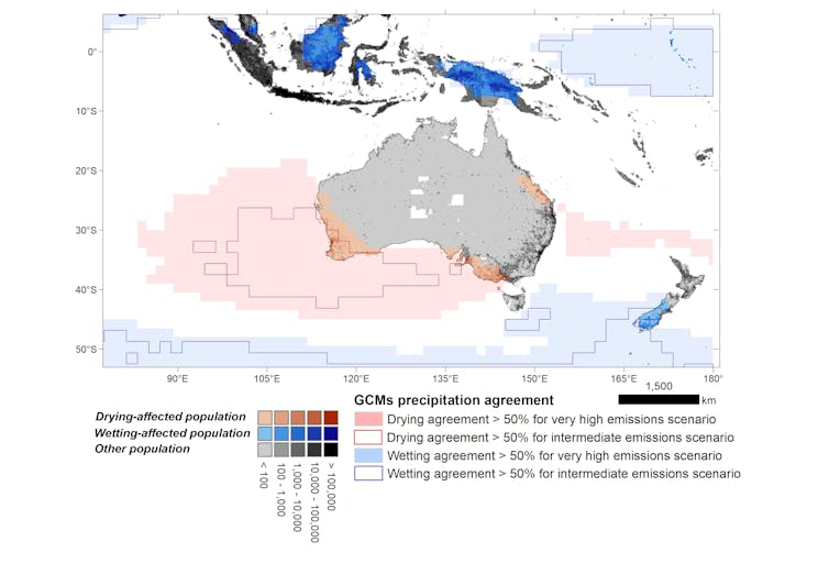 Australasian regions where most global models agree on future drier and wetter patterns under elevated emissions